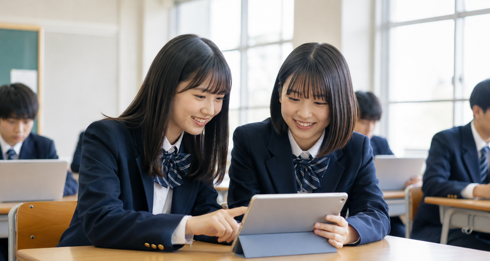 タブレットを使って学習する生徒