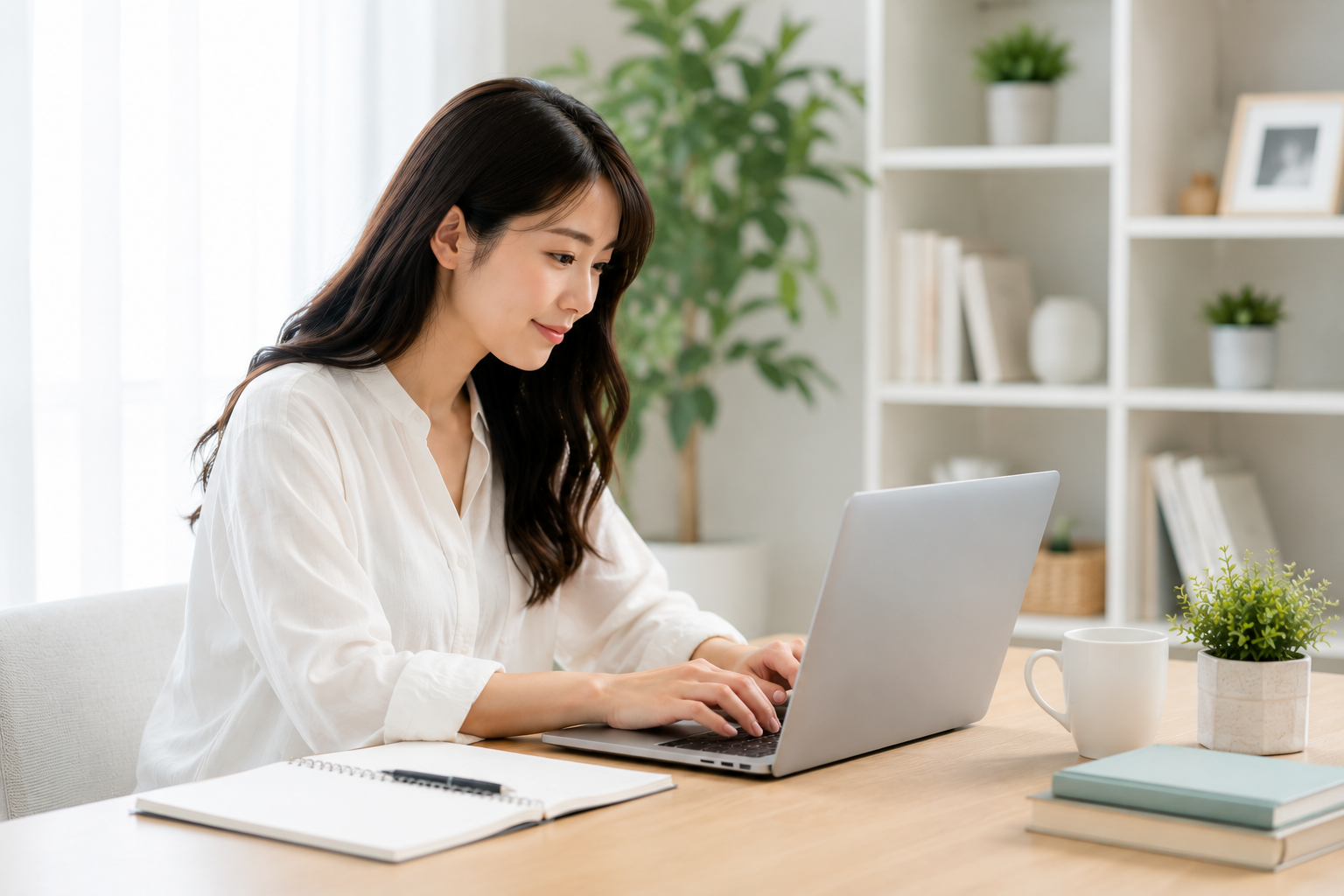 スマートフォンでAI学習をする女性